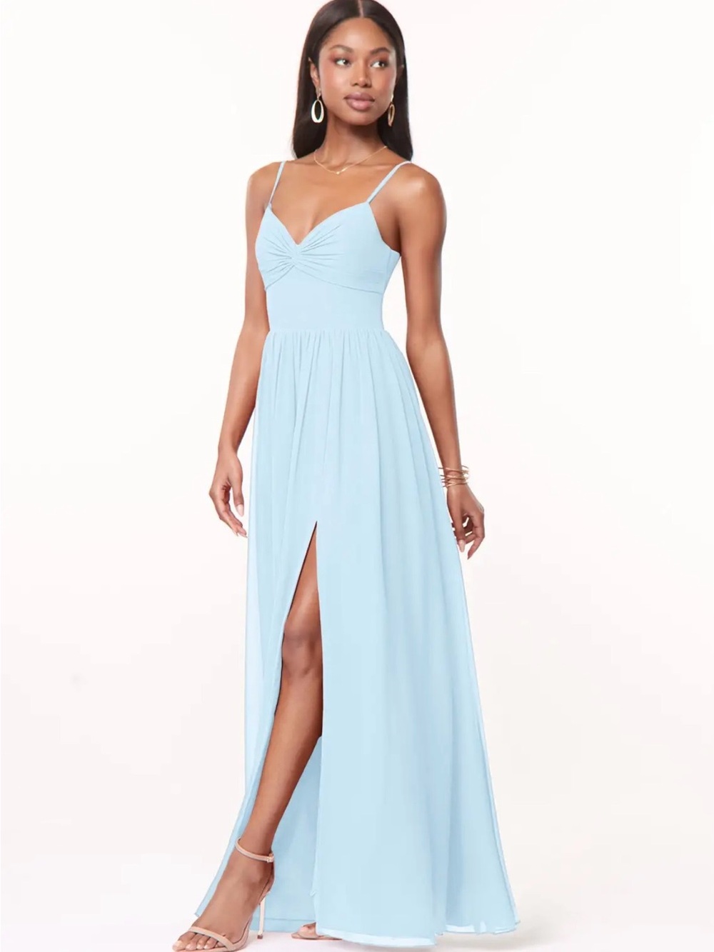 Azazie Zeya-Sky Blue A-Line V-Neck Pleated Chiffon Dress